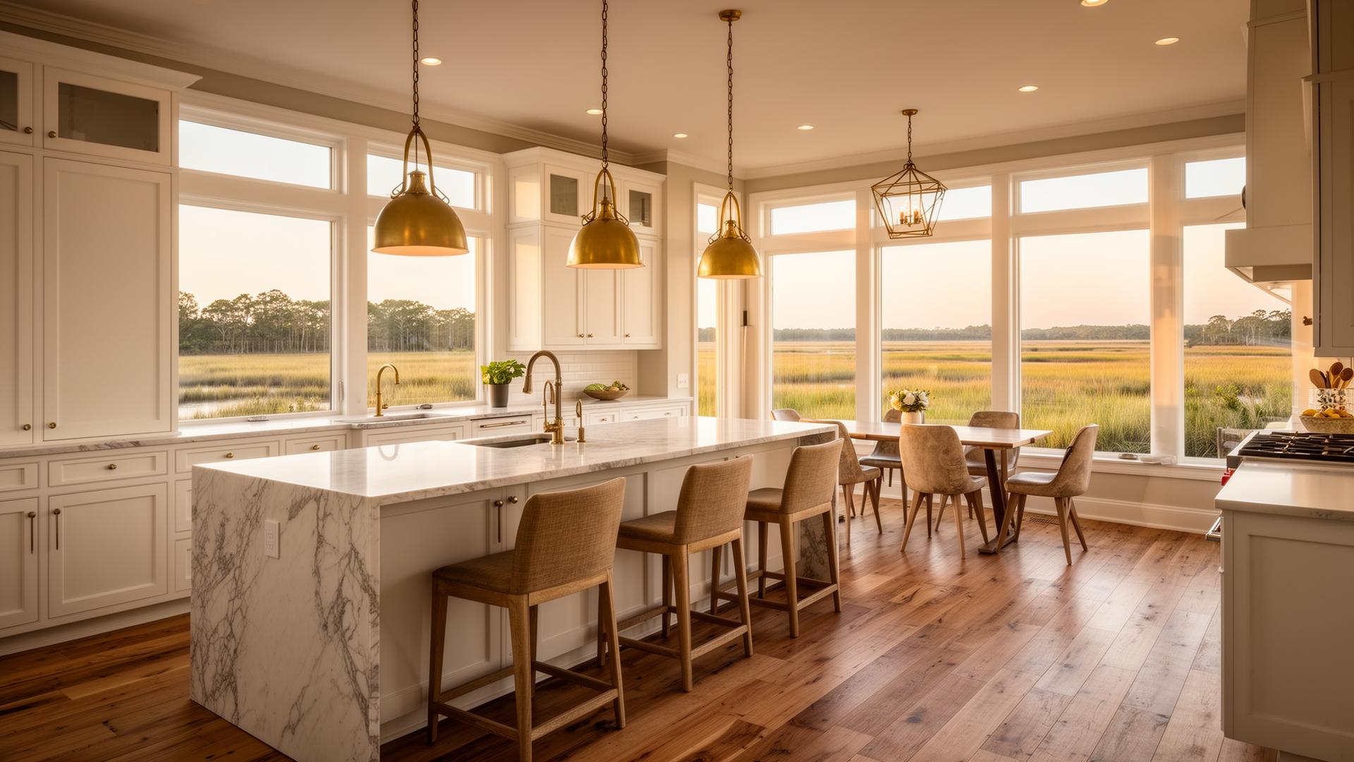 Lowcountry kitchen with marble island, brass pendants, and marsh views